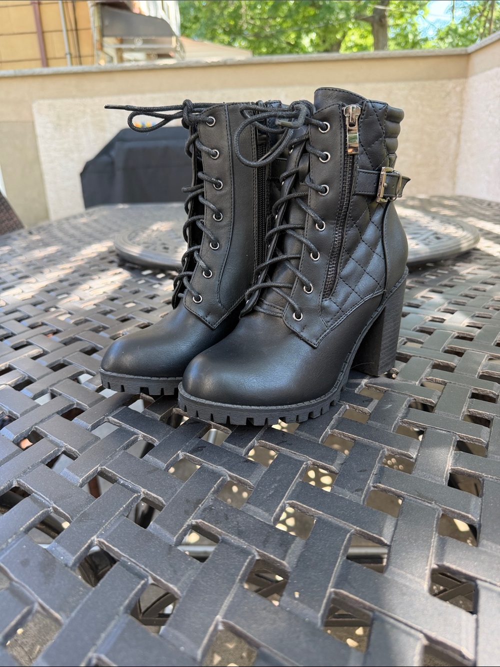 D'Lish Quilted Lace-Up Heeled Ankle Boots - Black